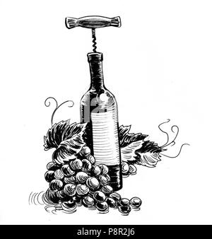 Bottle of wine and grapes. Ink black and white illustration Stock Photo