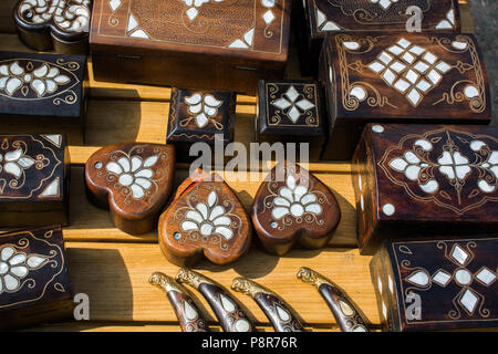 Ancient style wooden treasure chest with mother of pearl inlay Stock Photo