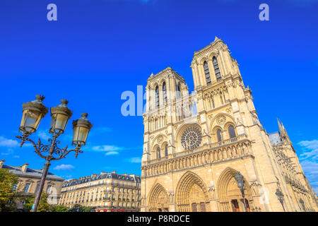 Typical iron street lamp with Notre Dame de Paris in the background, popular landmark and cathedral of the capital of France. Gothic French architecture of Our Lady of Paris in a sunny day, blue sky. Stock Photo