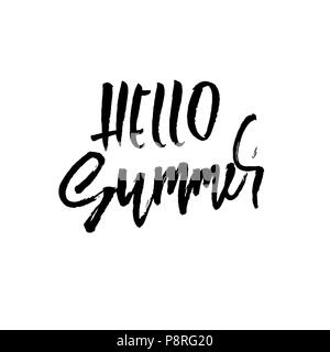 Hello summer. Hand drawn lettering for your design. Vector illustration isolated on white background. Modern dry brush inscription. Stock Vector