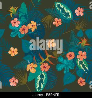 Seamless vector vintage exotic style pattern with flowers, leaves Stock Vector