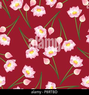 Pink Indian lotus on Red Background. (Nelumbo nucifera,sacred lotus, bean of India, Egyptian bean. National flower of India and Vietnam) Vector Illust Stock Vector
