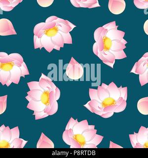 Pink Indian lotus on Green Teal Background. (Nelumbo nucifera,sacred lotus, bean of India, Egyptian bean. National flower of India and Vietnam) Vector Stock Vector
