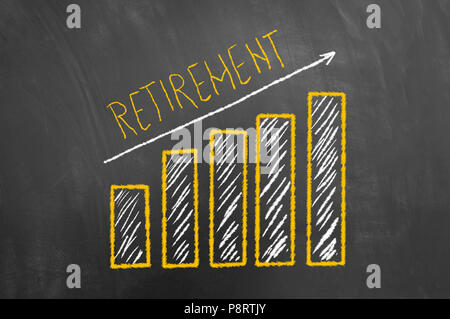 Retirement bar and arrow chalk graphic on chalkboard or blackboard as growing aging pension saving chart concept Stock Photo