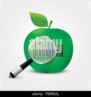 Magnifying glass checking bar-code on green apple. Vector illustration. Stock Vector