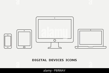 Vector set of outline device icons. Monitor, laptop, tablet pc and smartphone. Vector illustration Stock Vector
