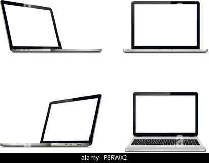 Laptop screen mockup with perspective, top and front view. Set of vector laptops with blank screen isolated on white background. Stock Vector
