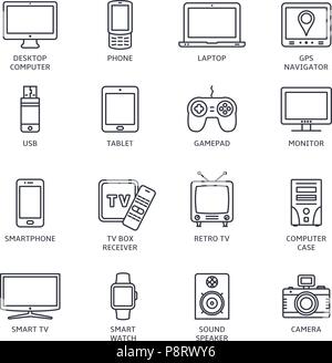 Thin line icons set. Icons for technology, electronic devices. Vector illustration. Stock Vector