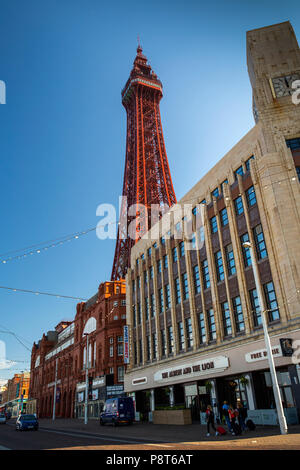 UK, England, Lancashire, Blackpool, Promenade, Blackpool Tower and Wetherspoons Albert and the Lion pub Stock Photo