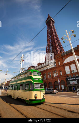 UK, England, Lancashire, Blackpool, Promenade, 1934 double deck English Electric heritage tram passing Tower Stock Photo