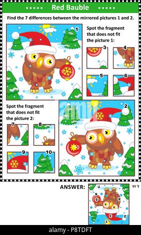 New Year or Christmas visual puzzles with owl and red bauble. Find the differences between the mirrored pictures. Spot the wrong fragments. Stock Vector