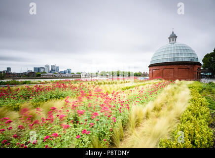 Long exposure view of the Greenwich foot tunnel dome looking over the Thames to Canary Wharf, with flowers blowing in the wind in the foreground Stock Photo