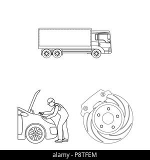 Car, lift, pump and other equipment outline icons in set collection for design. Car maintenance station vector symbol stock illustration . Stock Vector