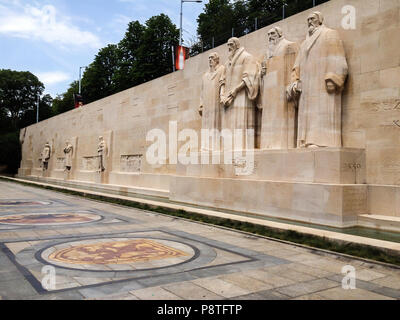 Geneva, Switzerland - June 28, 2012: Reformation Wall in Parc Des Bastions, was built into old city walls. Calvinist monument statues are William Fare Stock Photo