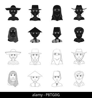 Arab, turks, vietnamese, middle asia man. Human race set collection icons in black,outline style vector symbol stock illustration . Stock Vector