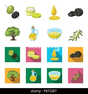 An olive tree, a branch with olives, a vessel and a jug of oil. Olives set collection icons in cartoon,flat style vector symbol stock illustration . Stock Vector