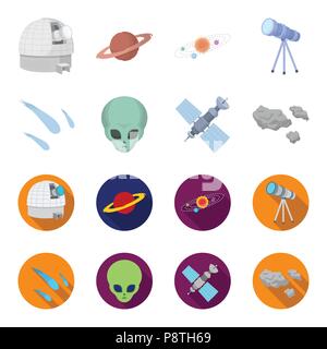 Asteroid, car, meteorite, space ship, station with solar batteries, the face of an alien. Space set collection icons in cartoon,flat style vector symb Stock Vector