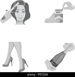 Curling hair, high heels and other  icon in monochrome style. A pack of cigarettes, a bottle of champagne in hand icons in set collection. Stock Vector