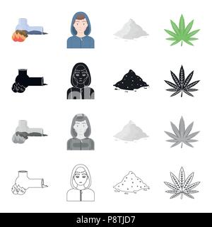 Smoking tube addict, cocaine, the face of a drug addict, a sheet of cannabis.Drugs set collection icons in cartoon black monochrome outline style vect Stock Vector
