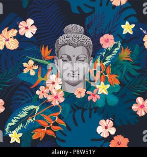 Seamless exotic style vector pattern with Buddha head, flowers, leaves, feathers. Stock Vector