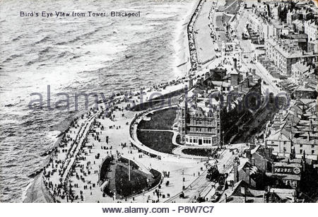 Birds Eye View from the Tower Blackpool with a view of the Grand Metropole Hotel, vintage postcard from 1918 Stock Photo