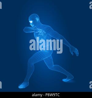 digital man figure in fight pose 3d wireframe style vector illustration Stock Vector