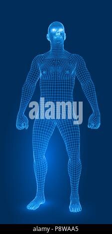 digital man figure in fight pose 3d wireframe style vector illustration Stock Vector