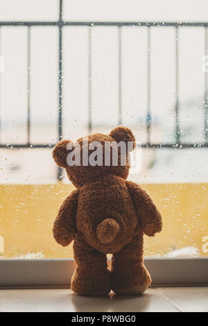 lonely teddy bear in the rain. Stock Photo