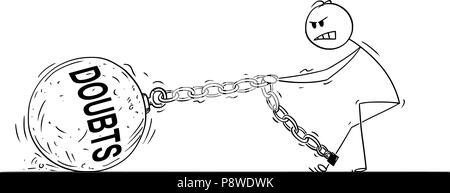 Cartoon of Man Pulling Big Iron Ball With Doubts Text Chained to His Leg Stock Vector
