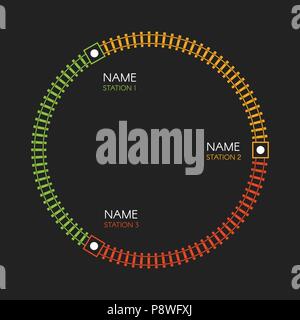 Train round track logo. Railroad, railway simple icon, rail track direction, vector illustrations on black backgroud, colorful stairs, subway stations map, infographic elements. Stock Vector