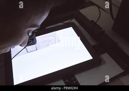 Female photographer using pocket magnifier Stock Photo
