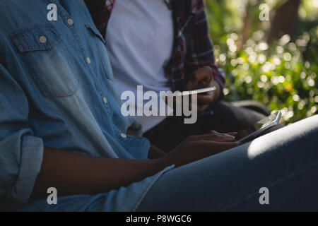 Twins siblings using mobile phone while relaxing on the bench Stock Photo