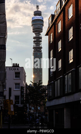 The BT Tower seen from Rathbone Street, Fitzrovia, London, W1T, England, UK. Stock Photo