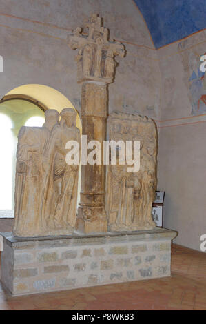 The medieval Cité of Carcassonne, French department of Aude, Occitanie Region, France. Inside the Chateau Comtal, a 15th century sandstone calvary Stock Photo