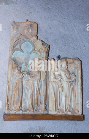 The medieval Cité of Carcassonne, French department of Aude, Occitanie Region, France. Inside the Chateau Comtal. Fragment of the exterior cornice Stock Photo