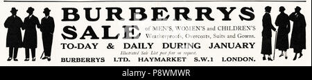1920s old vintage original advert advertising Burberrys January sale of clothing in English magazine circa 1924 Stock Photo