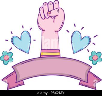 fist up hand gesture with heart and flowers vector illustration Stock Vector