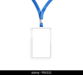 Blank bagde mockup isolated on white. Plain empty name tag mock up hanging on neck with string. Nametag with blue ribbon and transparent plastic paper Stock Photo