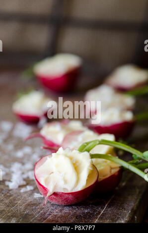 Radishes with unsalted butter and sea salt on the dark wooden background Stock Photo