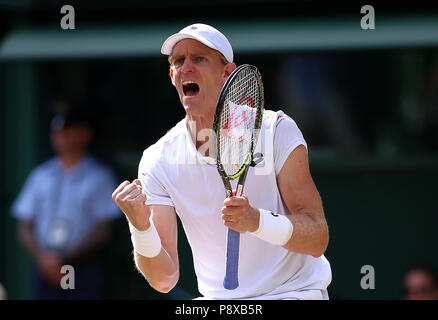 Kevin Anderson celebrates on day eleven of the Wimbledon Championships at the All England Lawn Tennis and Croquet Club, Wimbledon. Stock Photo