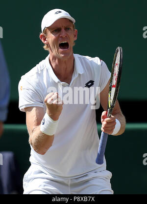 Kevin Anderson celebrates on day eleven of the Wimbledon Championships at the All England Lawn Tennis and Croquet Club, Wimbledon. Stock Photo