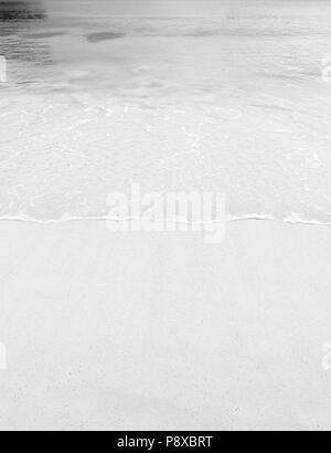 Beach background scene of tropical warm sand and clear water lapping the shore in black and white Stock Photo