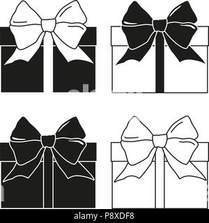 Black and white gift box silhouette set. Present for christmas or birthday. Holiday themed vector illustration for icon, sticker, patch, label, sign,  Stock Vector