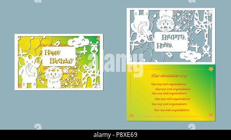 Text - happy birthday. vector, laser-beam cutting, animals, elephant, lion, bird, giraffe, butterflies, bug, flowers, air balloon, cloud. Greeting car Stock Vector