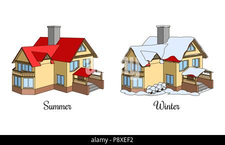 Set of two houses in summer and winter time Stock Vector