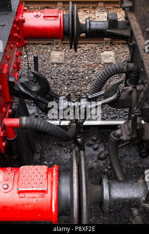 Detail of steam train at Waybourne station, Norfolk, England Stock Photo