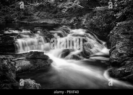 A long-exposure, black and white of swift, rushing water over Laurel Falls in the Great Smoky Mountain National Park. Stock Photo