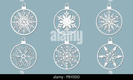 Christmas balls set with a snowflake cut out of paper. Templates for laser cutting, plotter cutting or printing. Festive background. Stock Vector