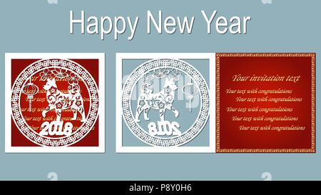 Text - happy New Year. Number 2018 with cute and funny cartoon puppy. Symbols of the years on the Chinese calendar. Vector illustration. Laser cut tem Stock Vector