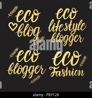 Vector Set Eco fashion, blogger, eco life style blog gold inscription lettering on a black background Stock Vector
